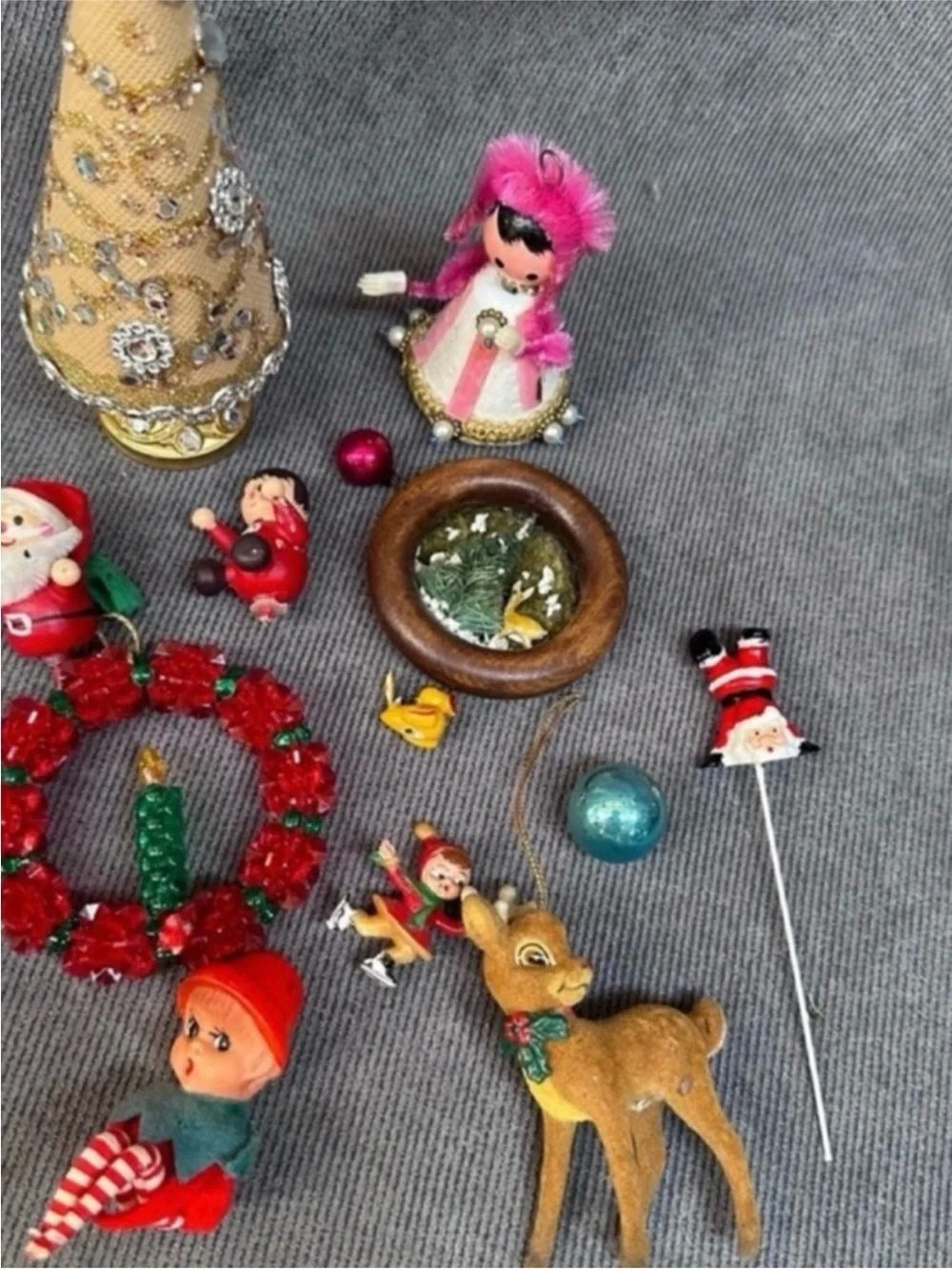 Vintage Christmas elf knee hugger reindeer Santa ornaments lot